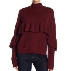 PROJECT Naadam Ruffle Cable Knit Sweater Mock Neck Burgundy Maroon Small